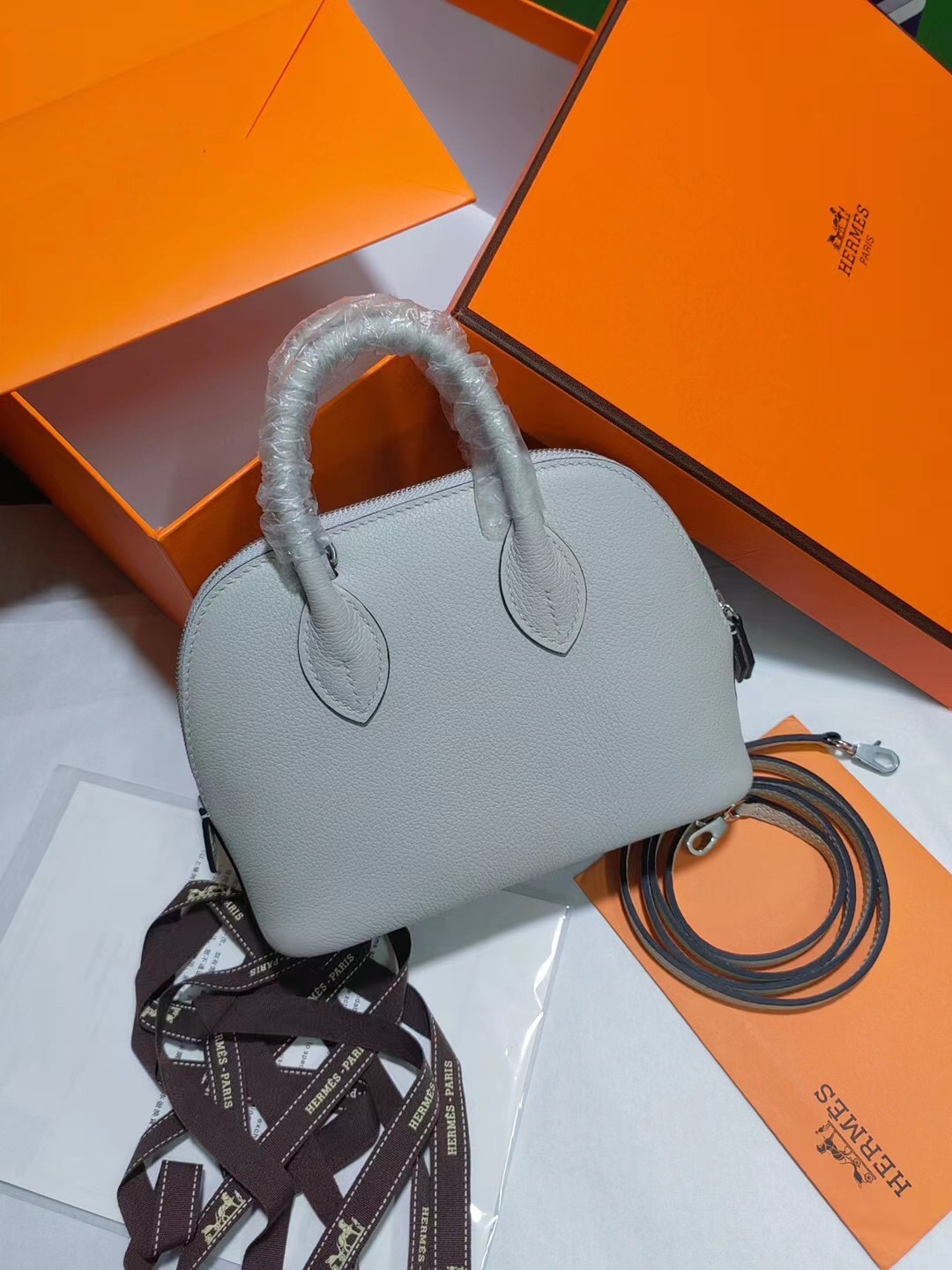 Hermes Bolide 1923 Mini Handbag Shoulder Bag In Pearl Grey Evercolor Leather